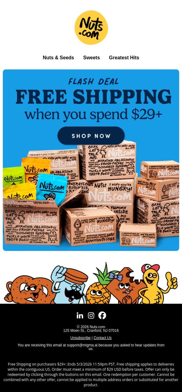 Something good is in here. (Hint: it's free shipping.) email from Nuts.com screenshot
