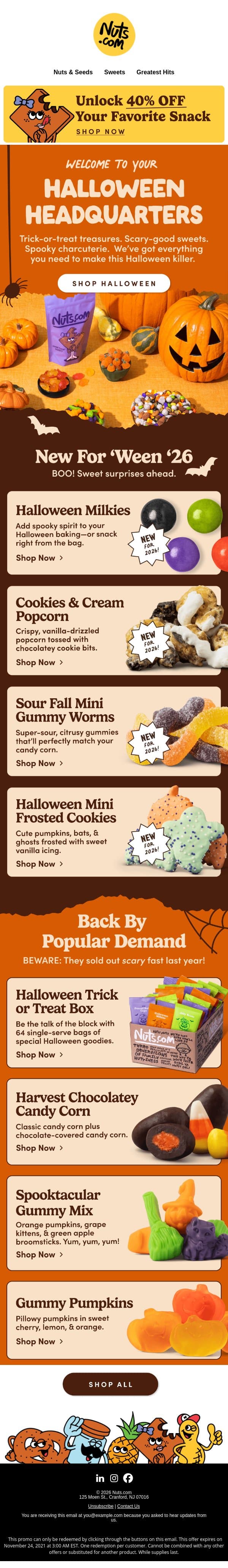 Buy 2, Get 1 40% Off. No Tricks, Just Treats email from Nuts.com screenshot