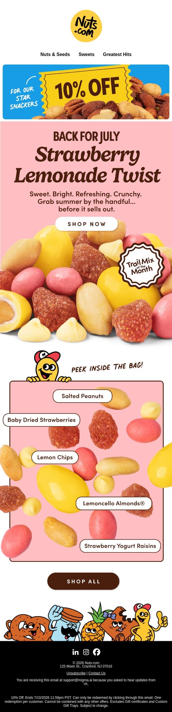 Try July’s NEW trail mix—with 10% off! 🍓🍋 email from Nuts.com screenshot