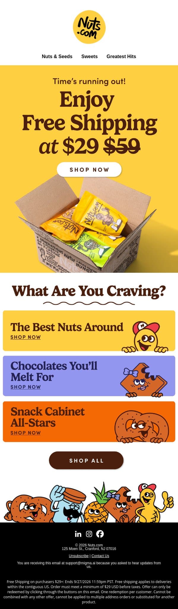 Shipping is on us ($29 min)—ends tomorrow! email from Nuts.com screenshot