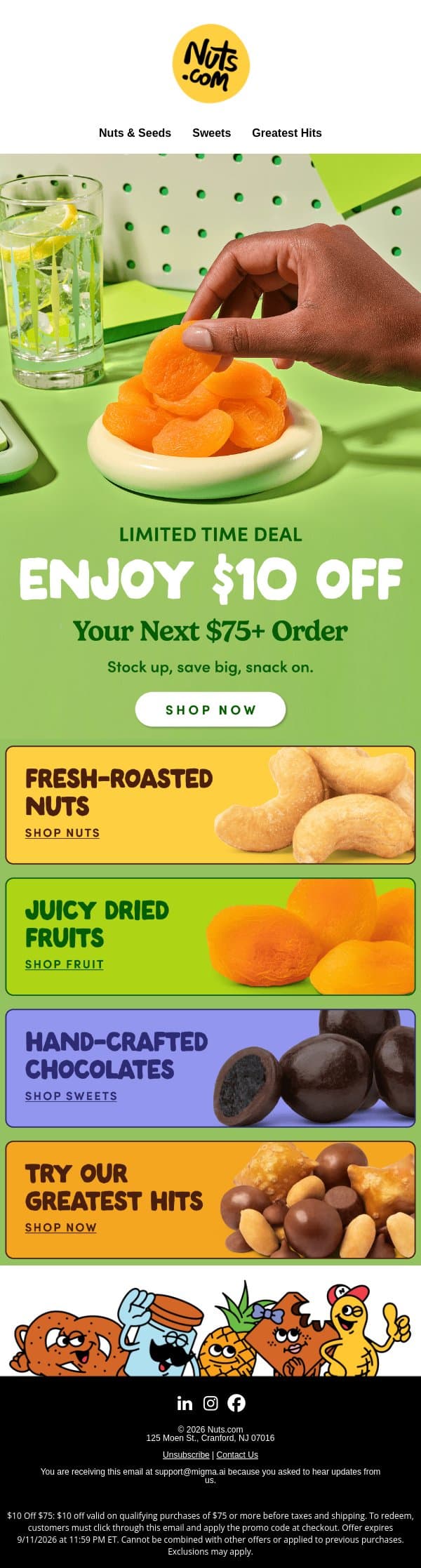 Treat yourself: Take $10 off $75+ email from Nuts.com screenshot
