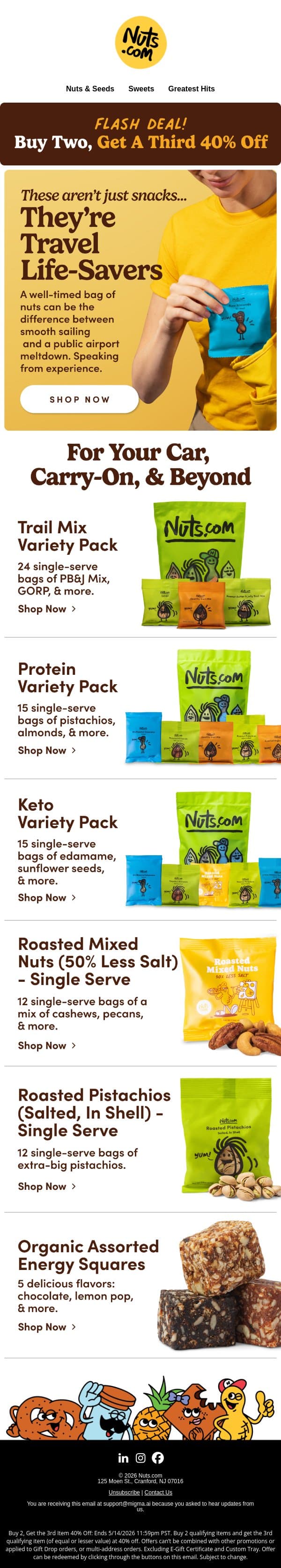 Unlock 40% off travel treats & more email from Nuts.com screenshot