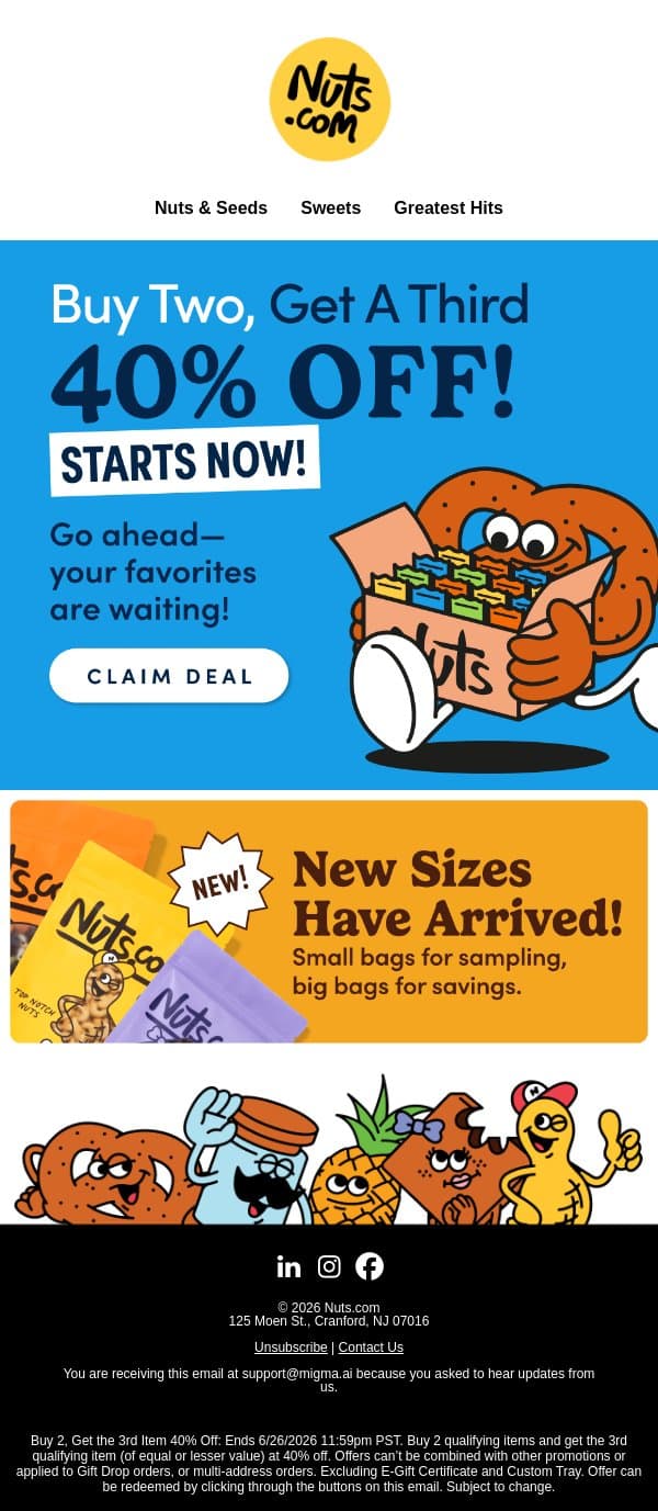 Flash Deal ⚡ Buy 2, Get a Third 40% Off email from Nuts.com screenshot