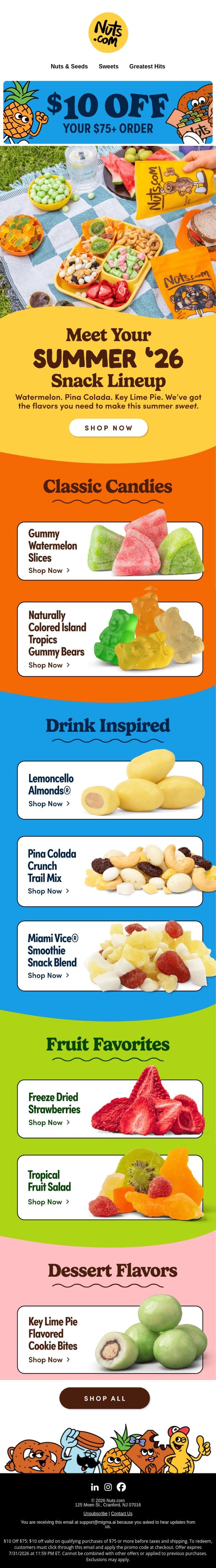 Save $10 on your entire haul (summer snacks & more!) ☀️ email from Nuts.com screenshot