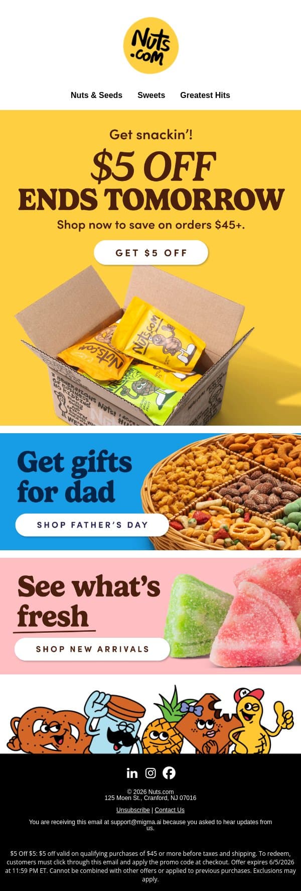 $5 off ends tomorrow! 🍪🥨🥭🍫🥜 email from Nuts.com screenshot