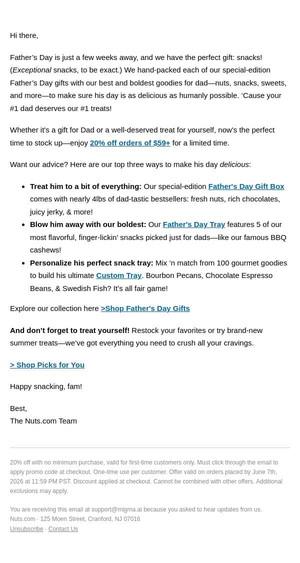 Give dad what he really wants: SNACKS. 🎁 email from Nuts.com screenshot