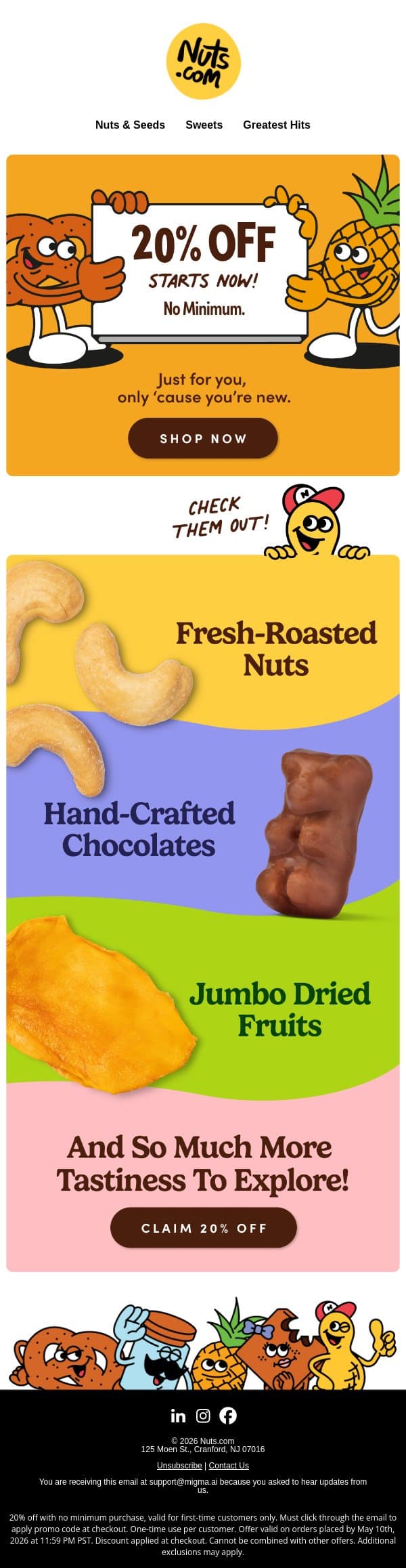 Ready to snack? Take 20% off your first bite! email from Nuts.com screenshot