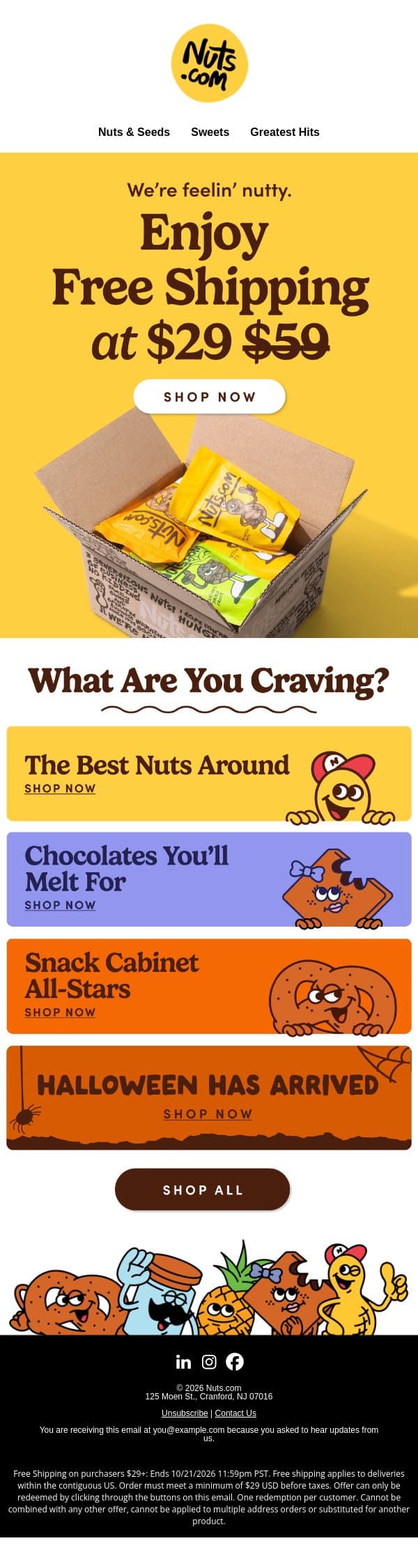 The magic number is $29 ✨ (Hint: it unlocks free shipping) email from Nuts.com screenshot
