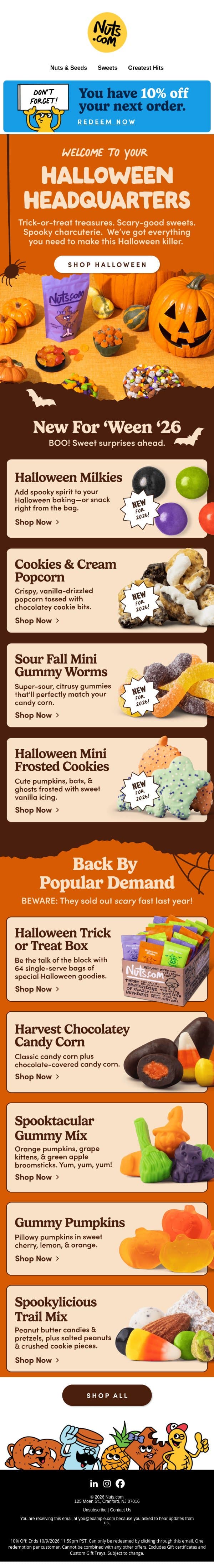10% Off Sitewide: Stock Up for Halloween email from Nuts.com screenshot