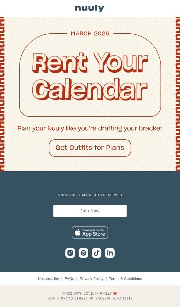 RENT YOUR CALENDAR email from Nuuly screenshot
