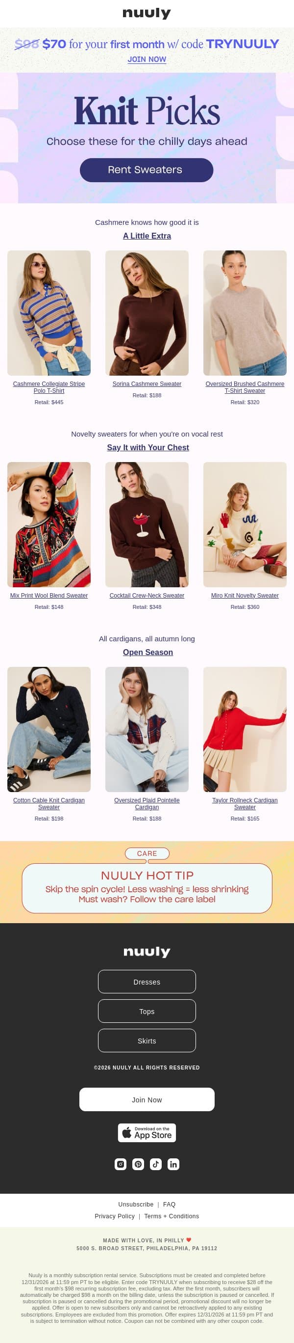 COLD? RENT SWEATERS email from Nuuly screenshot