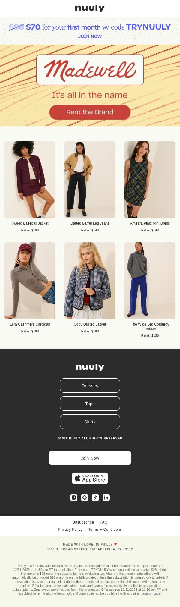 RENT MADEWELL email from Nuuly screenshot