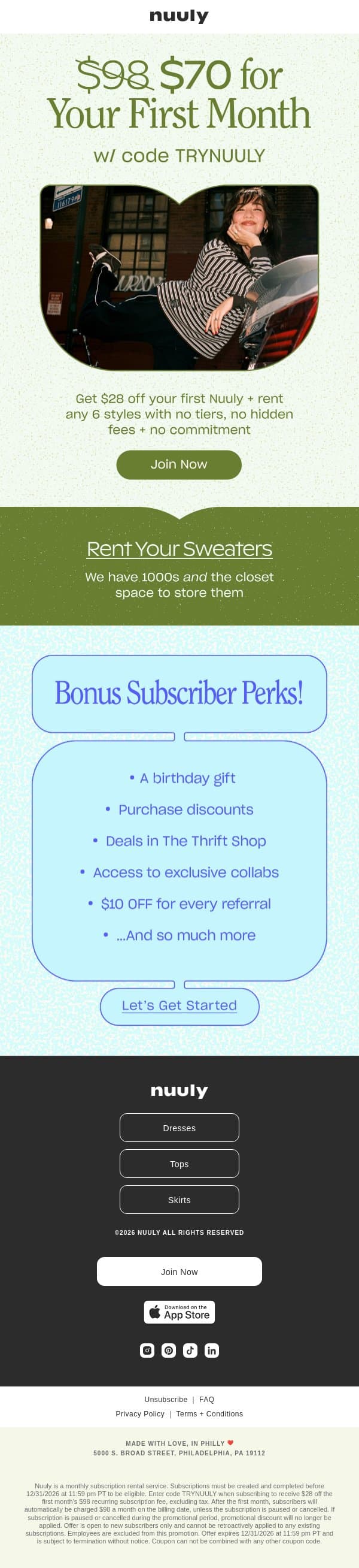$28 OFF = 6 STYLES FOR $70 email from Nuuly screenshot