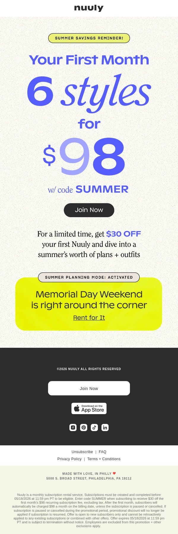 REMINDER! YOUR 1ST NUULY FOR $68 email from Nuuly screenshot