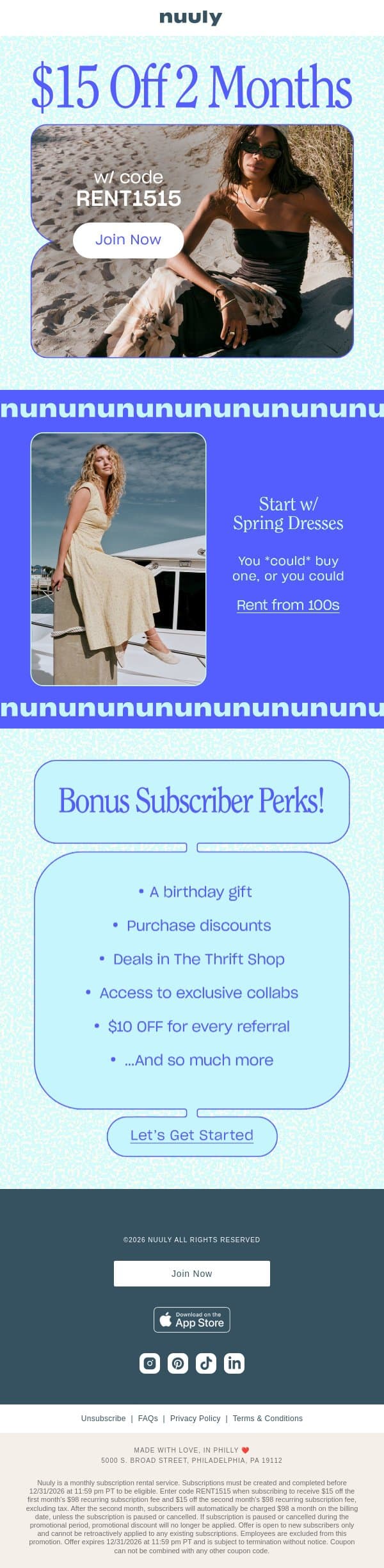 $15 OFF YOUR FIRST 2 MONTHS email from Nuuly screenshot