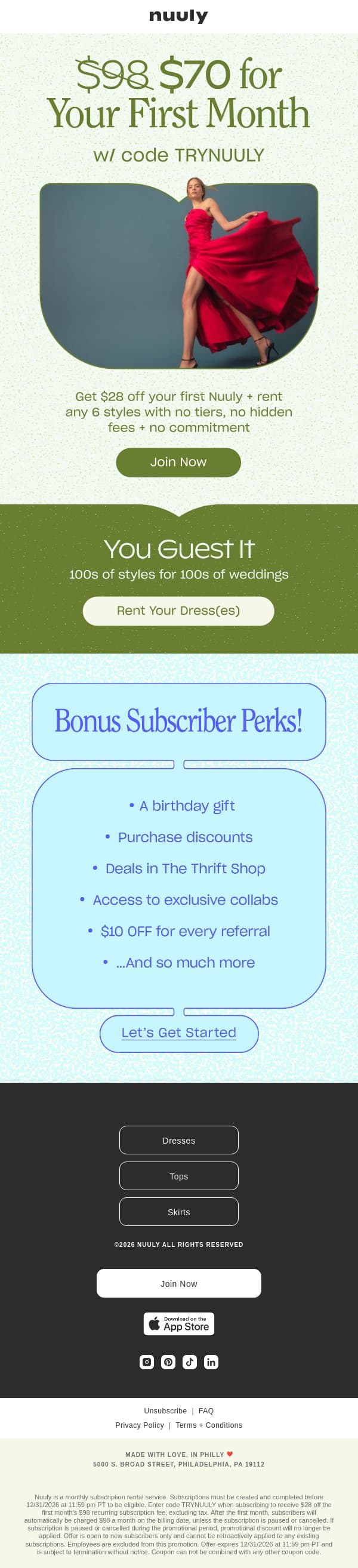 RENT 6 STYLES FOR $70 email from Nuuly screenshot