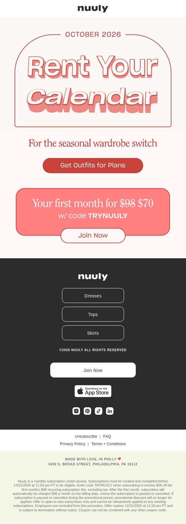 RENT FOR OCTOBER + $28 OFF email from Nuuly screenshot