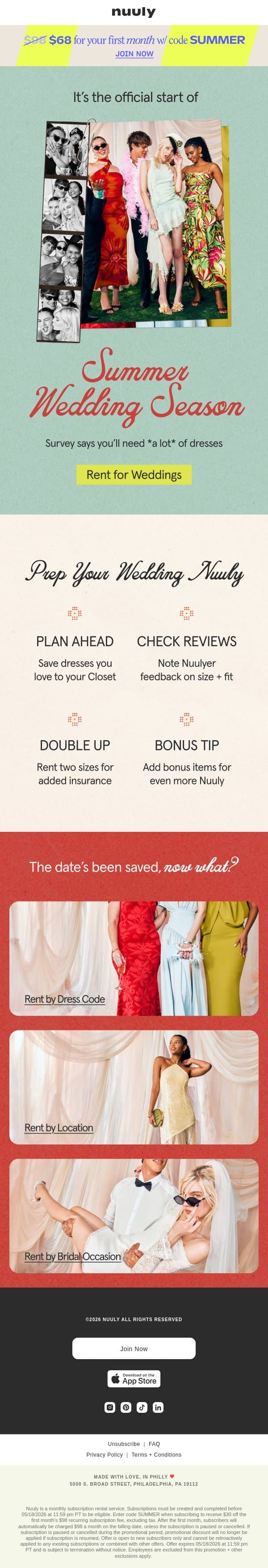 $30 OFF + YOUR SUMMER WEDDING GUIDE email from Nuuly screenshot