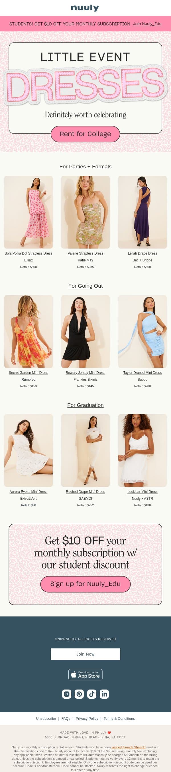 LITTLE EVENT DRESSES 🎓 email from Nuuly screenshot