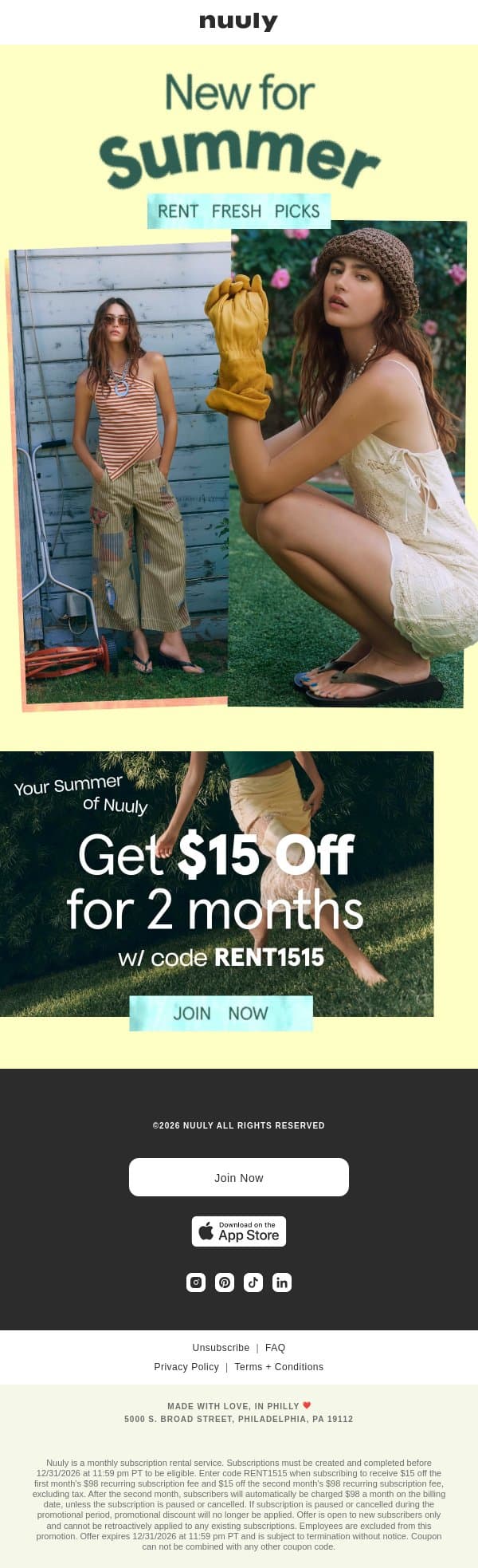 $15 OFF 2 MONTHS AKA ALL YOUR SUMMER OUTFITS email from Nuuly screenshot