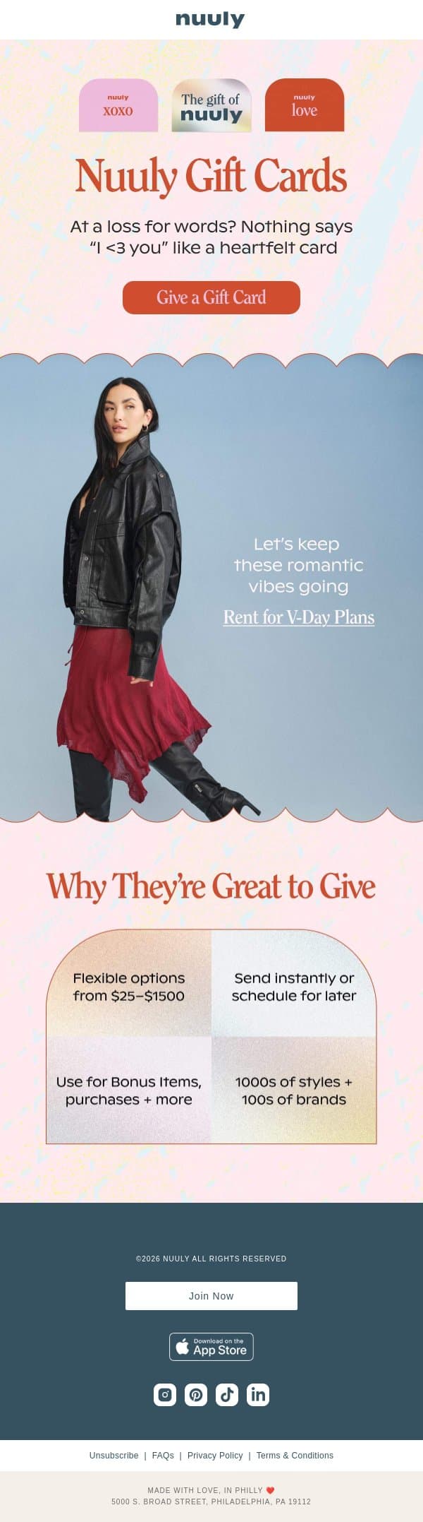 V-DAY GIFT CARDS email from Nuuly screenshot