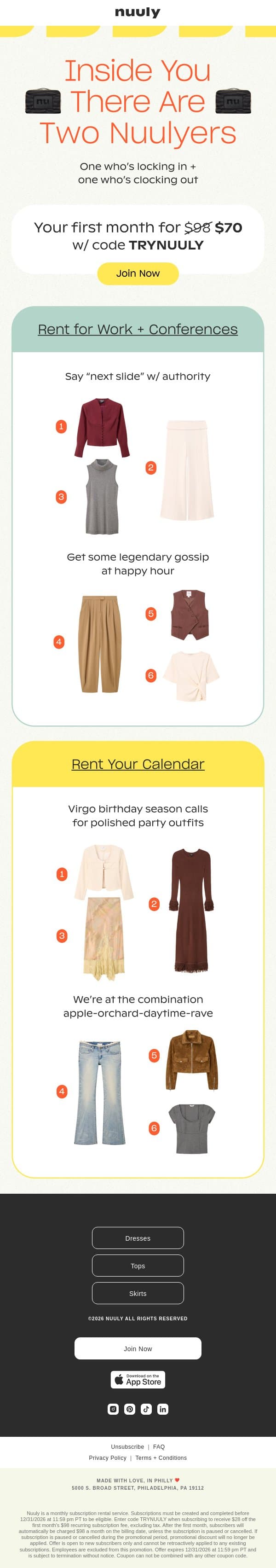 EXAMPLE NUULIES + $28 OFF email from Nuuly screenshot