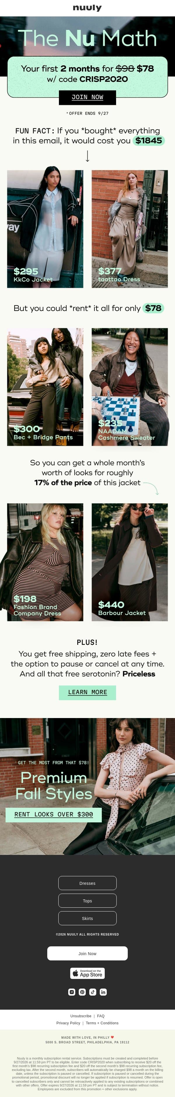NU MATH = $20 OFF 2 MONTHS email from Nuuly screenshot