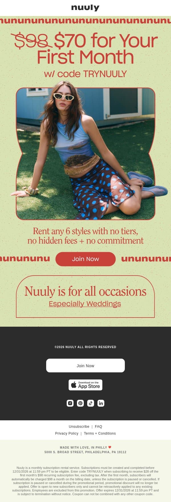 SAVE $28 ON YOUR FIRST MONTH email from Nuuly screenshot