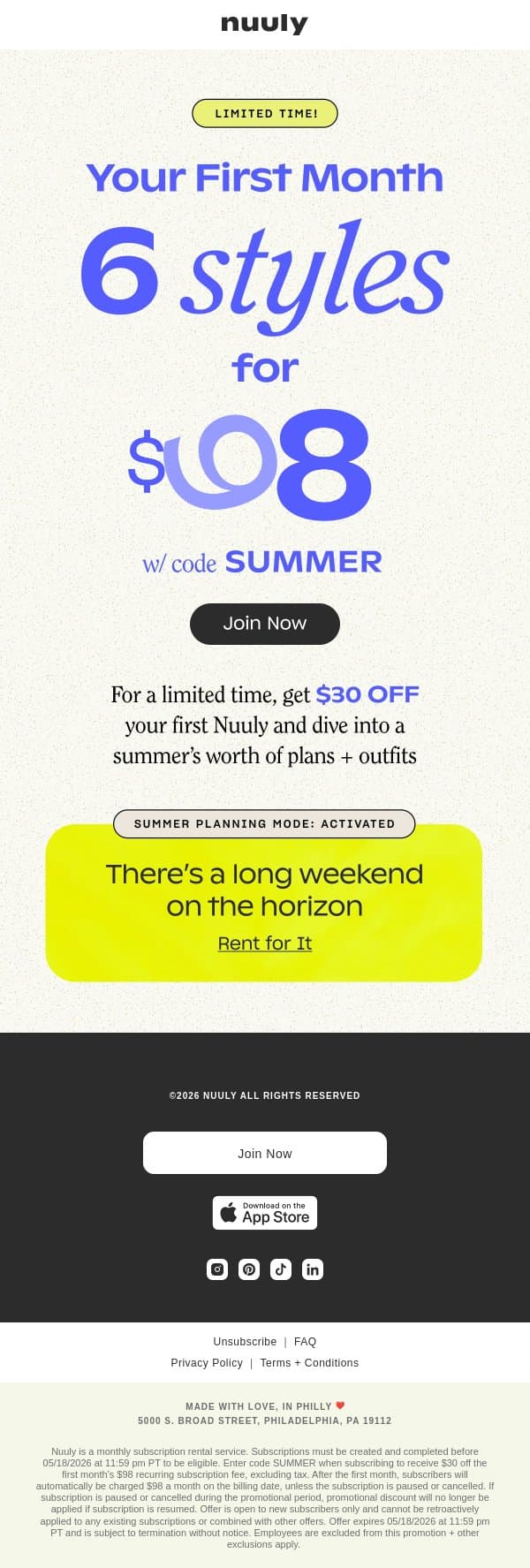LIMITED TIME! $68 FOR 1 MONTH email from Nuuly screenshot