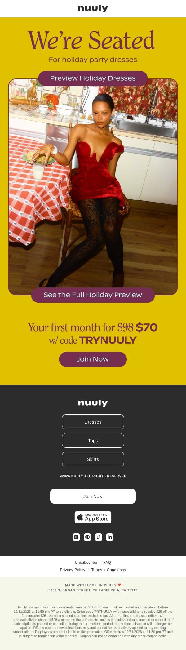 THE HOLIDAY DRESS PREVIEW + $28 OFF email from Nuuly screenshot