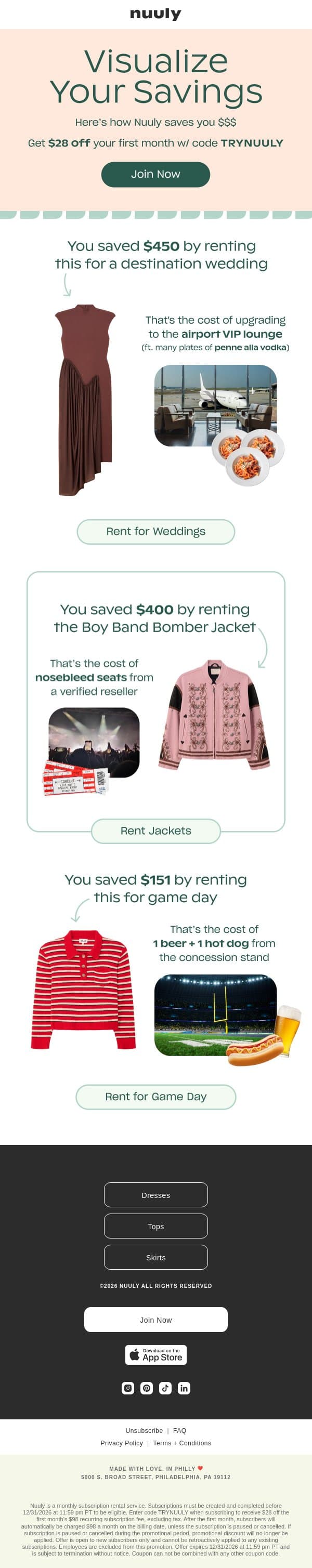 VISUALIZE YOUR SAVINGS + GET $28 OFF email from Nuuly screenshot