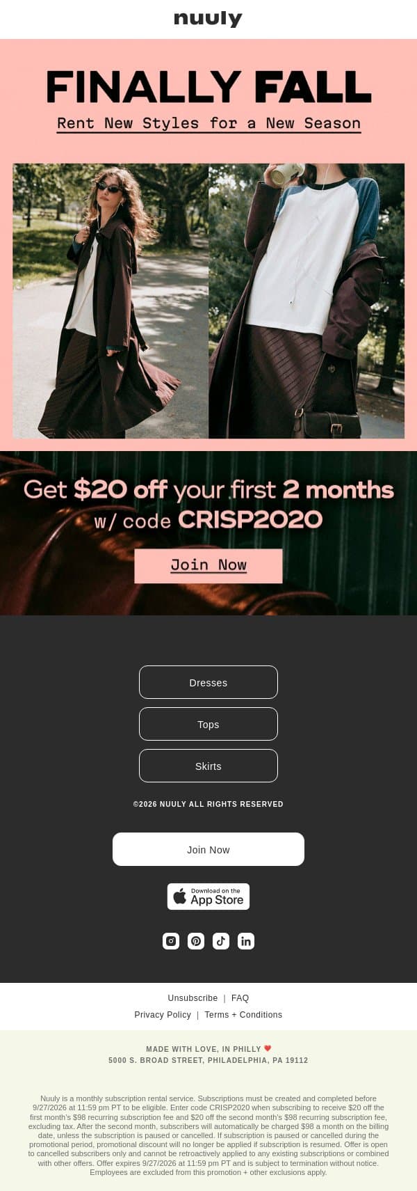 NEW STUFF FOR FALL + $20 OFF 2 MONTHS email from Nuuly screenshot