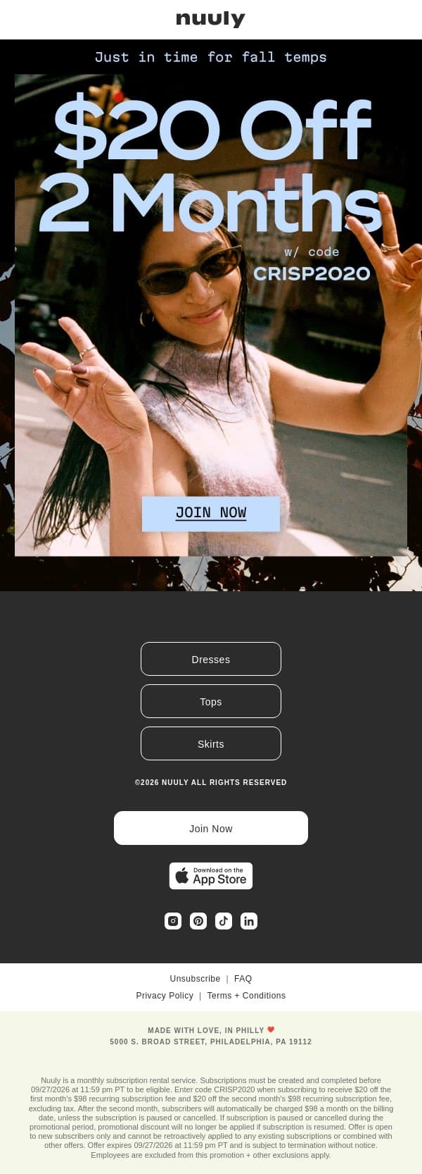 $20 OFF YOUR FIRST 2 MONTHS email from Nuuly screenshot