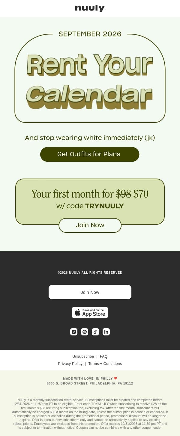 RENT FOR PLANS + GET $28 OFF email from Nuuly screenshot