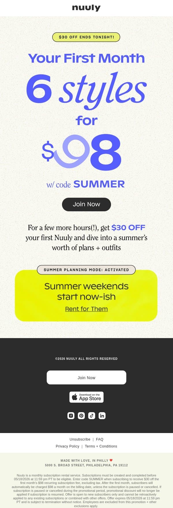 12 HOURS LEFT! 1 MONTH @ $68 email from Nuuly screenshot