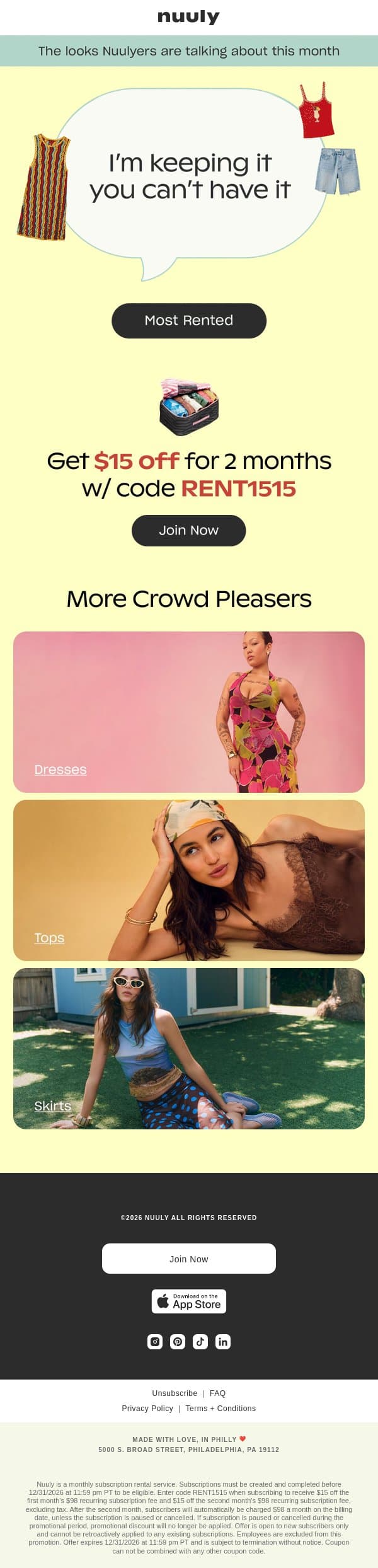 CUSTOMER FAVES + $15 OFF 2 MONTHS email from Nuuly screenshot