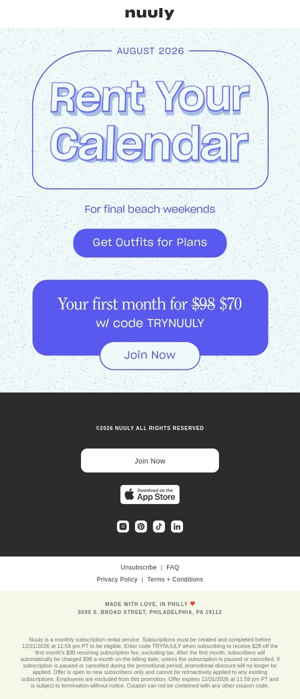CHECK YOUR CALENDAR + SAVE $28 email from Nuuly screenshot