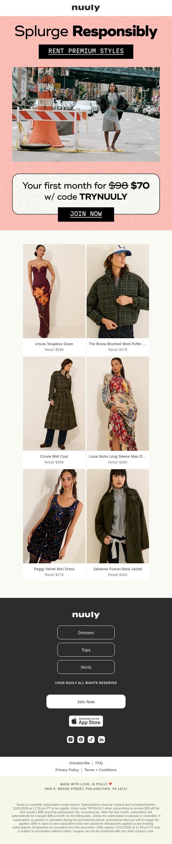 RENT PREMIUM STAPLES + $28 OFF email from Nuuly screenshot