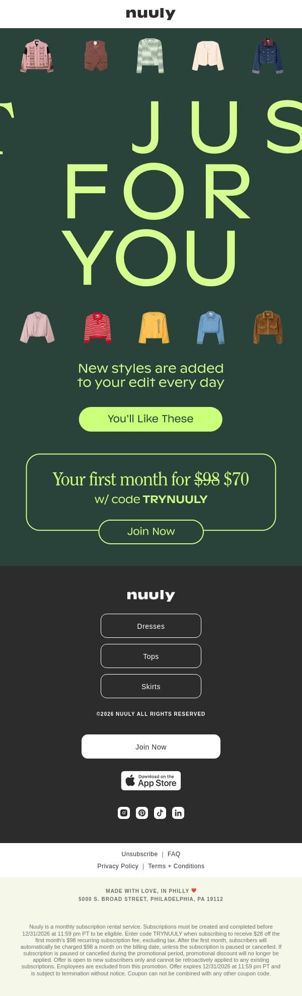 STYLES JUST FOR YOU email from Nuuly screenshot