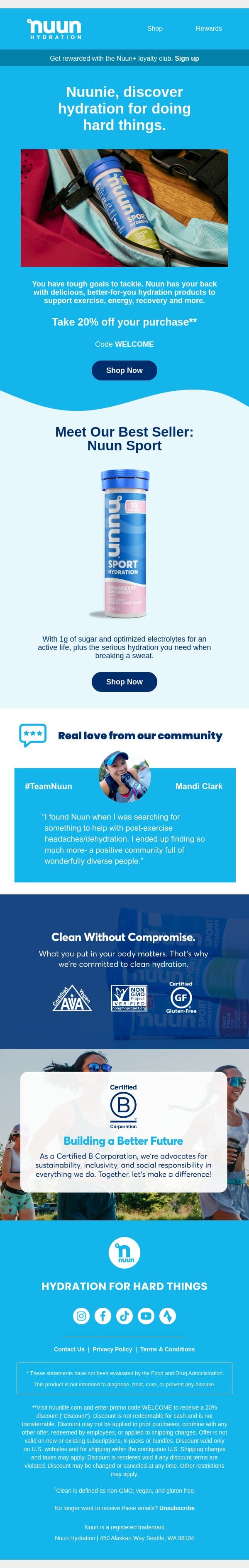Welcome to Nuun Hydration! 🎉 Take 20% off email from Nuun screenshot