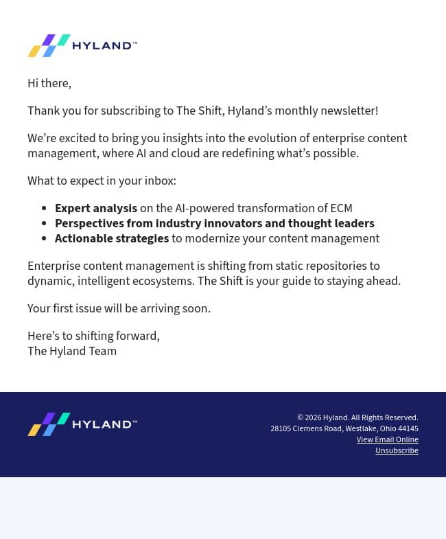 Welcome to The Shift, Hyland's monthly newsletter email from Nuxeo screenshot