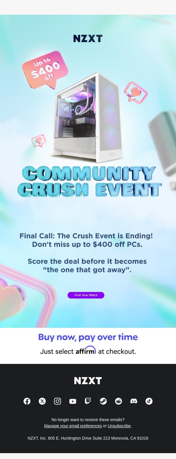 Don't let your dream PC be "the one that got away." email from NZXT screenshot