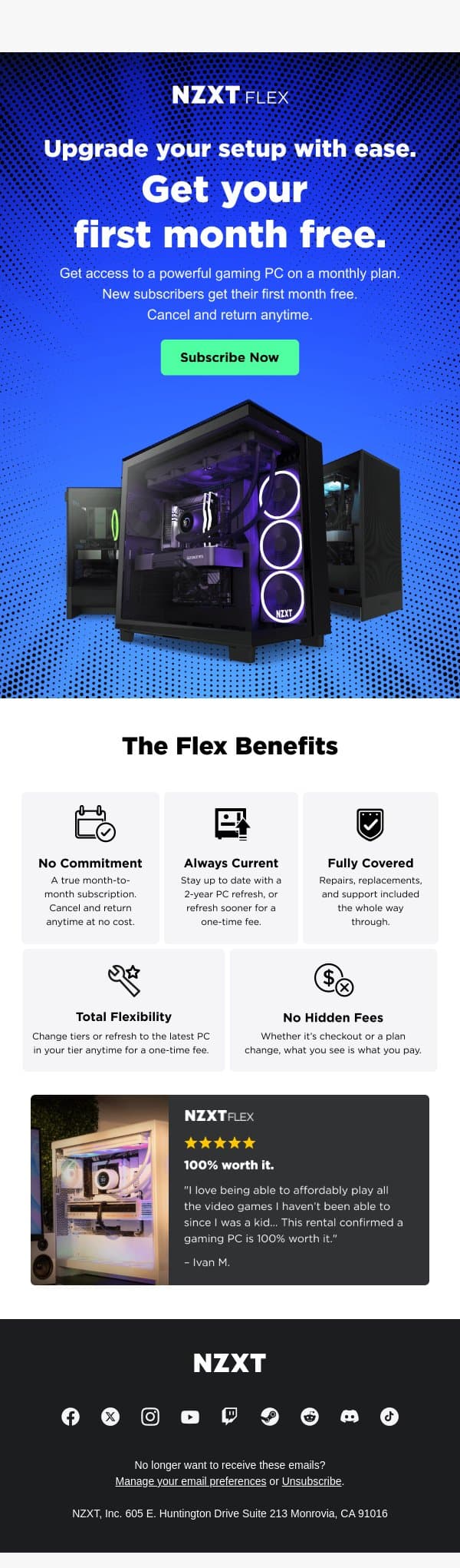 Your First Month Free! email from NZXT screenshot