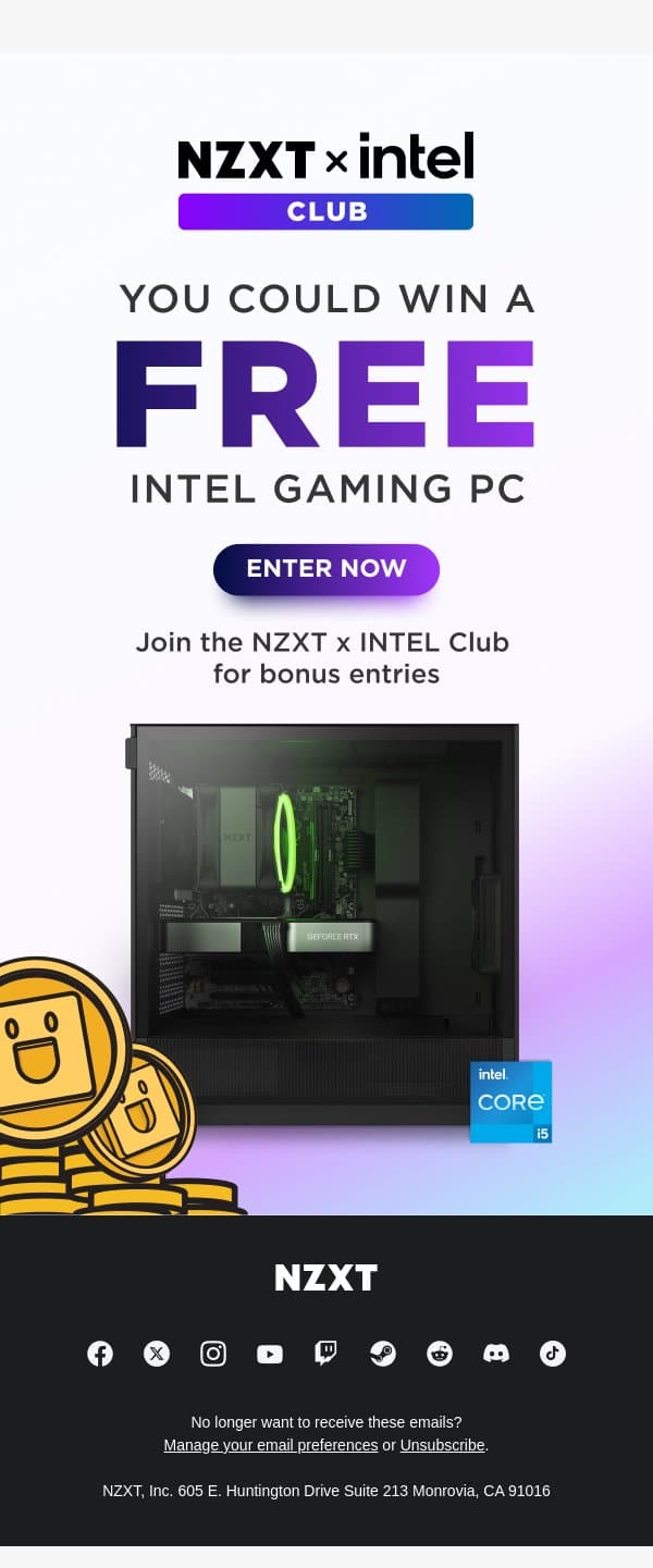 NZXT x Intel Club April Giveaway email from NZXT screenshot
