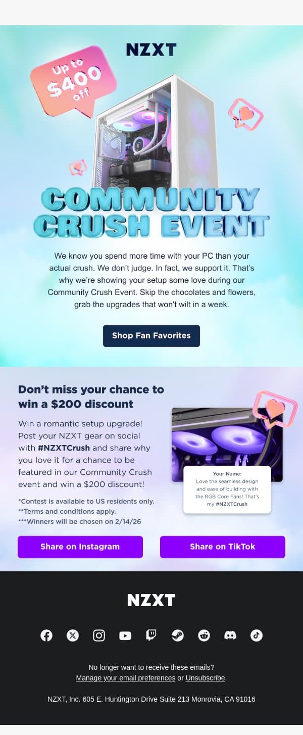 Save Up to $400 in the Community Crush Event email from NZXT screenshot