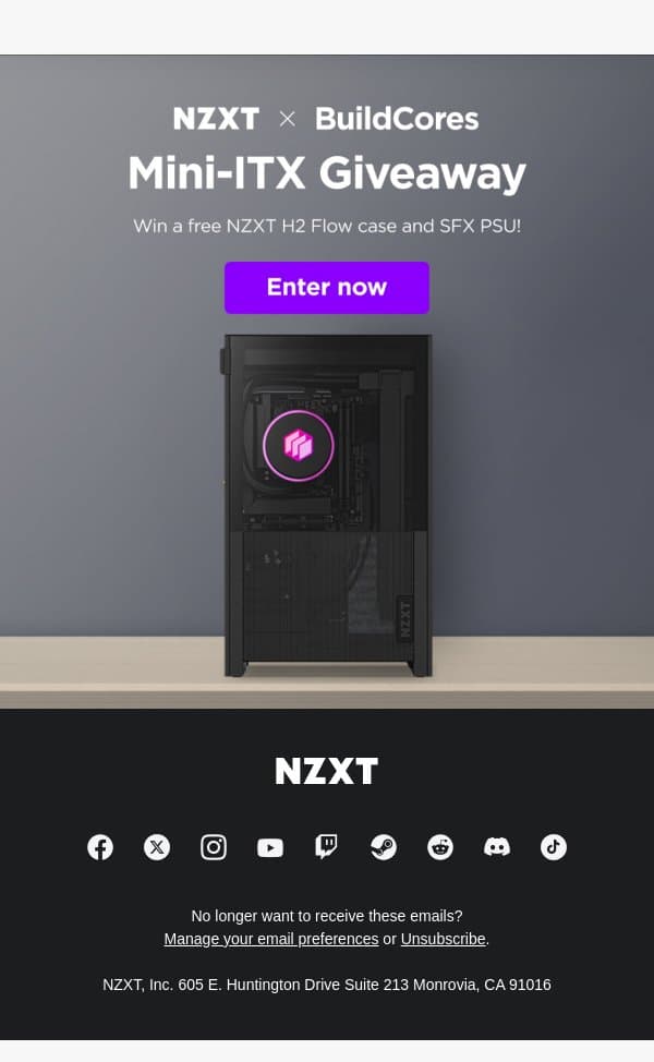 Enter the Mini-ITX Giveaway! email from NZXT screenshot