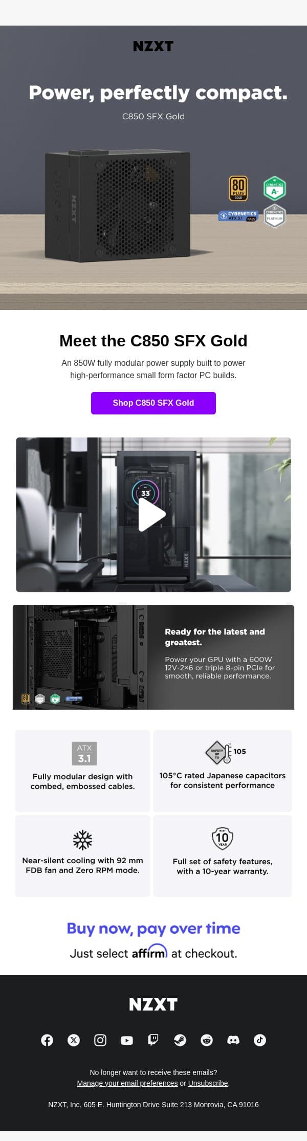 Build Smart with C850 SFX Gold Power! email from NZXT screenshot