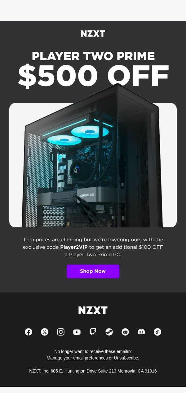 Player Two Prime Exclusive Code email from NZXT screenshot