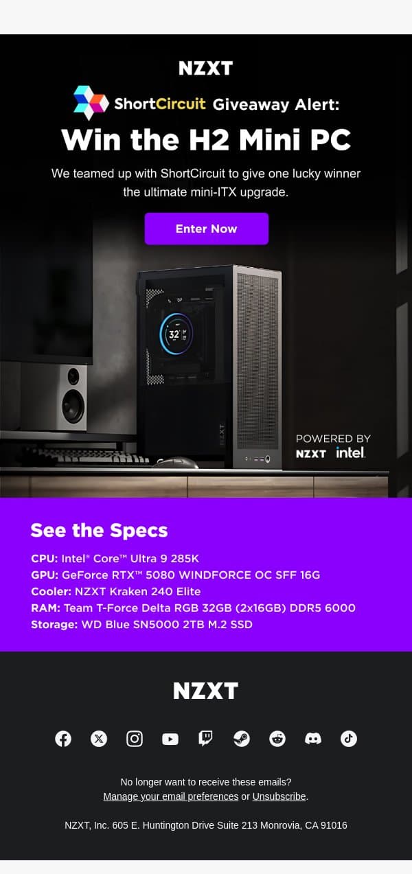 H2 Mini PC Giveaway Inside email from NZXT screenshot