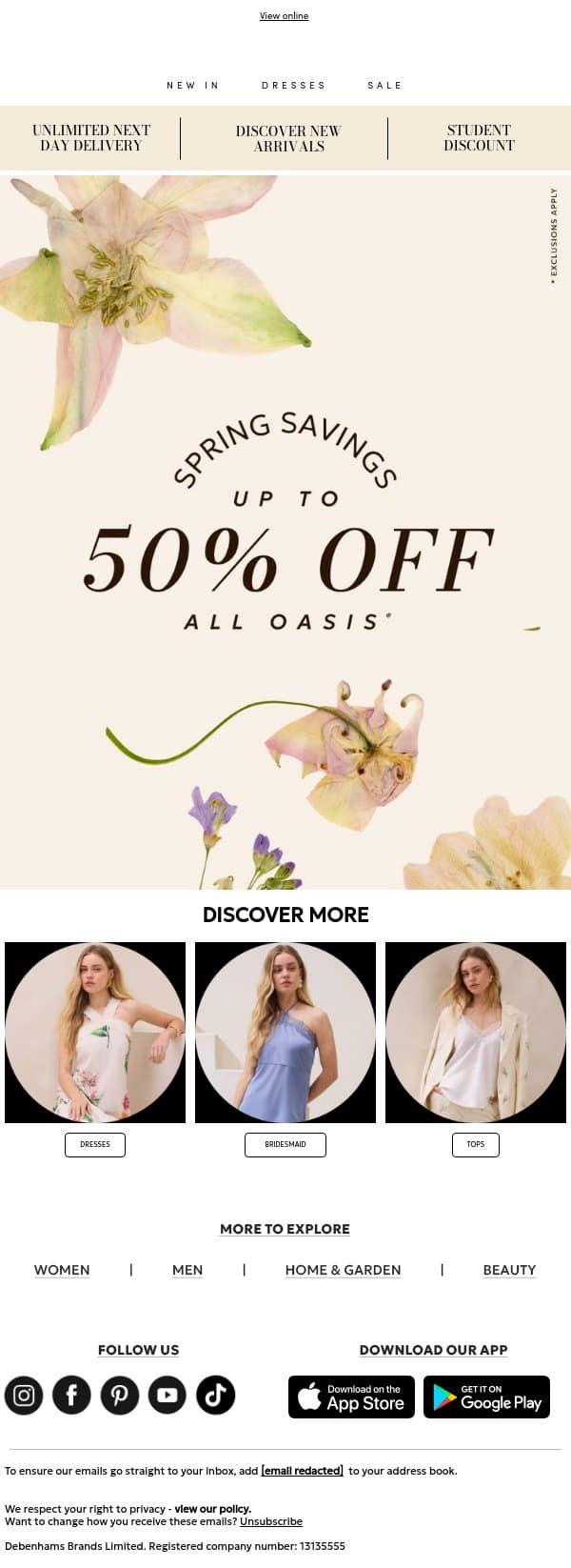 Spring Savings: Now up to 50% off email from Oasis screenshot